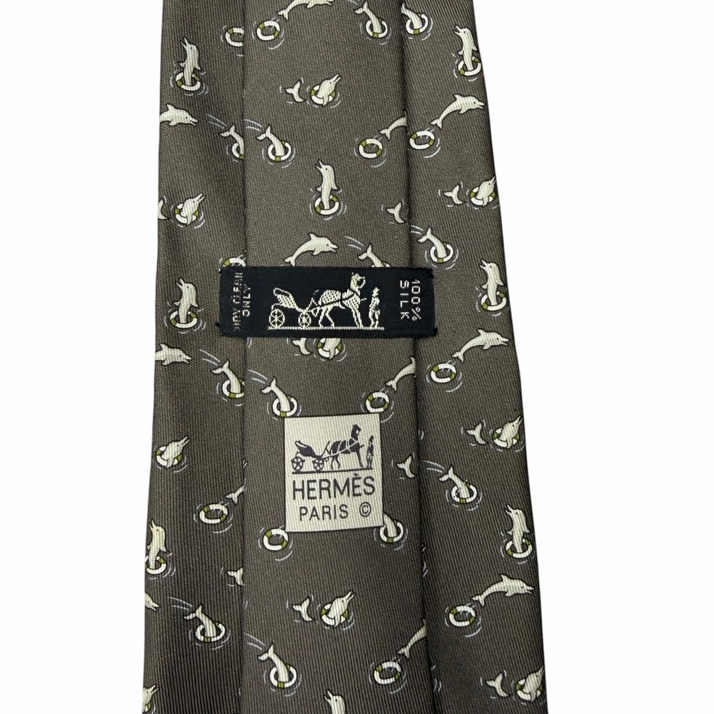 Hermes Mens Tie Dancing Jumping Dolphins Brown Silk 5390 OA 3 7/8" (W) x 63" (L) - Picture 1 of 7